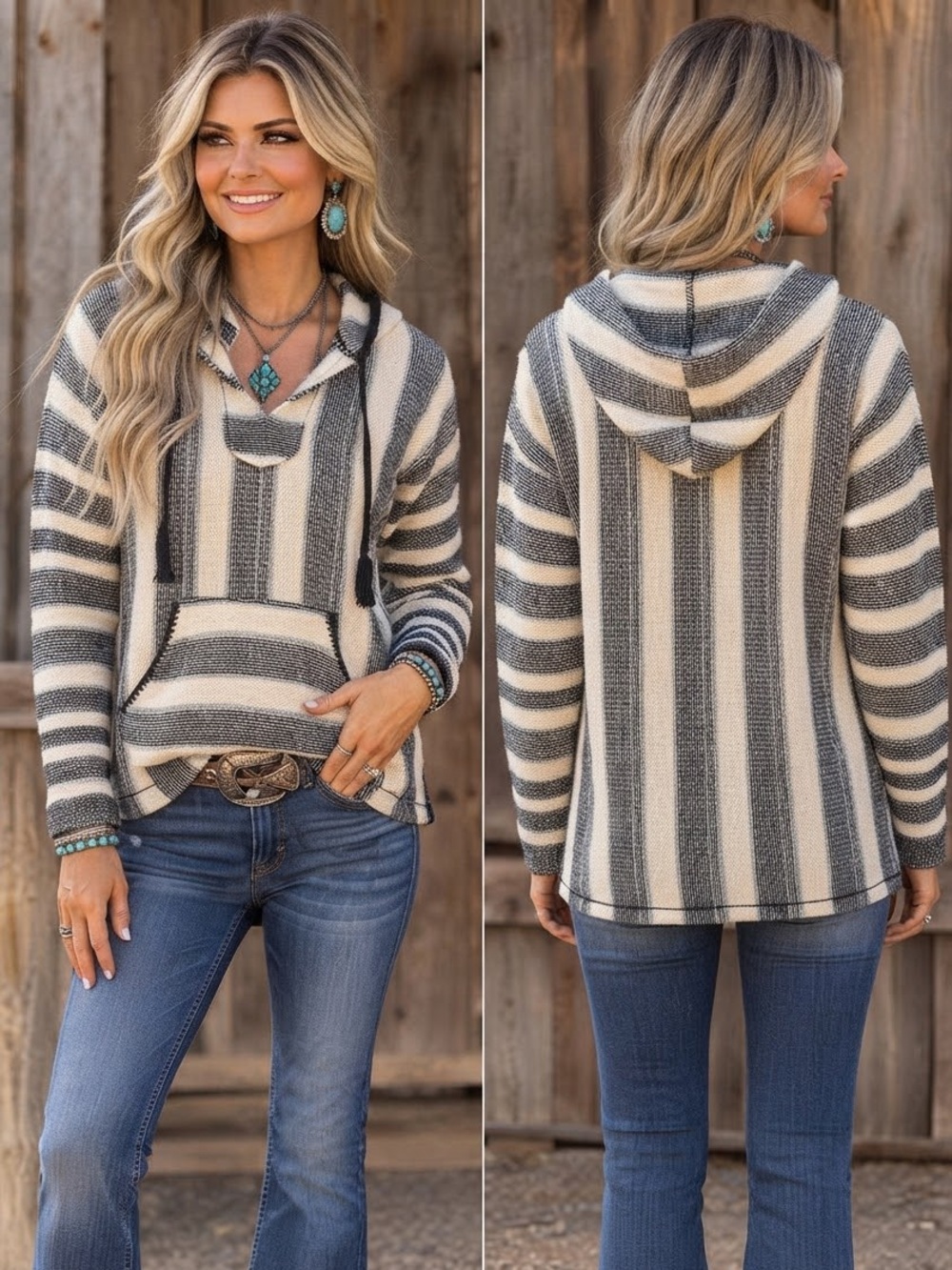 Rip Curl Black & White Striped Baja Hoodie – Size Large (Like New)